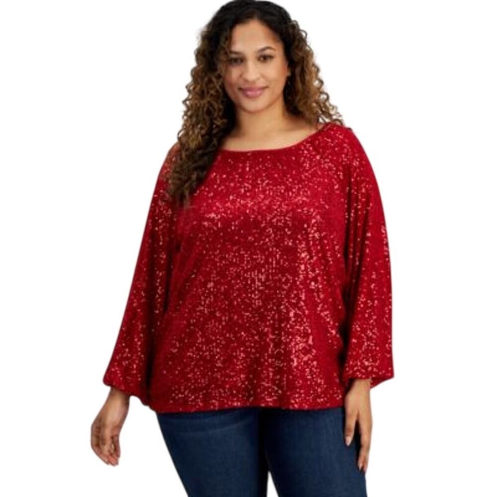 JM Collection Women's Plus Size Boat-Neck Gathered-Sleeve Top in Glamorous Red